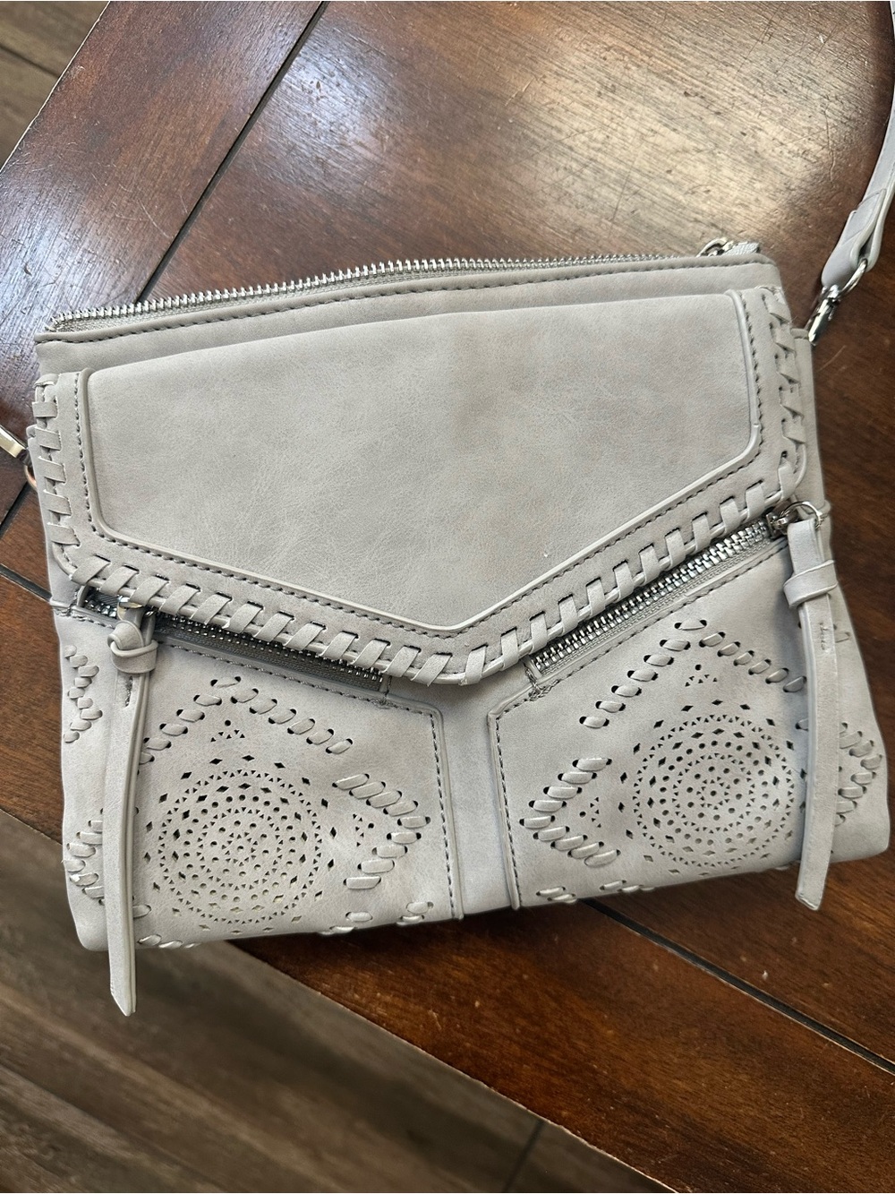 Women’s Handbag - Light Gray Crossbody with Laser Cut Detail